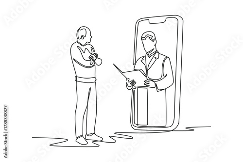 Senior man consulting with online doctor. Doctor and patient concept. Single line draw design. Vector graphic illustration