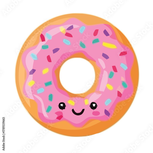 Cute Cartoon Donut with Pink Icing and Colorful Sprinkles on White Isolated