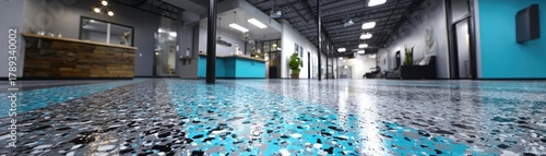 Gray epoxy coating with blue black white chips concept. Spacious modern interior with colorful flooring and natural light.