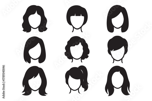 Variety of female hairstyles depicted in black silhouette form for design