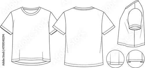 Flat technical sketch vector illustration template women’s basic short sleeve crew neck t-shirt front back side views hem detail for apparel fashion design.