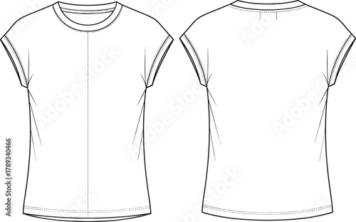 Basic Cap Sleeve T-Shirt Technical Fashion Flat Sketch, Crew Neckline and Shoulder Seams Detail, Slim Fit Short Top, Front and Back View, Women's Apparel Vector Template.