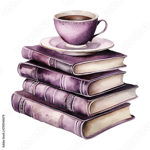 Watercolor Stack of Purple Books with Coffee Cup Vector Illustration
