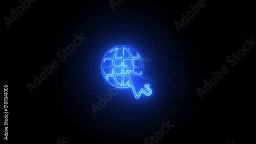 Blue neon globe icon with cursor on black background world earth