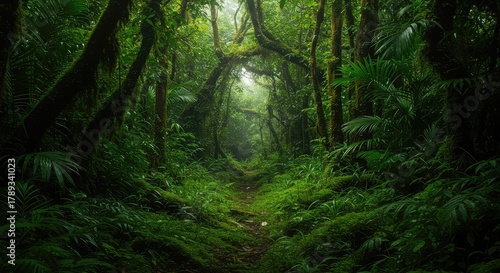 A deeply lush, dense tropical rainforest scene filled with vibrant green foliage, mossy growth, filtered sunlight, and exotic plants ,Forest ,leaves ,moss
