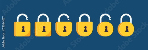 Six yellow padlocks illustration. Open and closed security locks for digital data protection and authorization