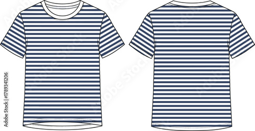 Front Back Technical Fashion Flat Sketch Illustration for Men's Classic Striped Crew Neck T-Shirt Design Template with Nautical Horizontal Lines Vector Art