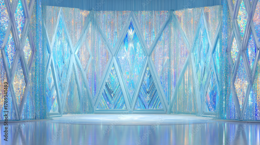 Obraz premium A beautiful, icy palace interior with diamond-shaped windows and shimmering curtains. the essence of a magical ice palace, perfect for fantasy and fairytale themes.