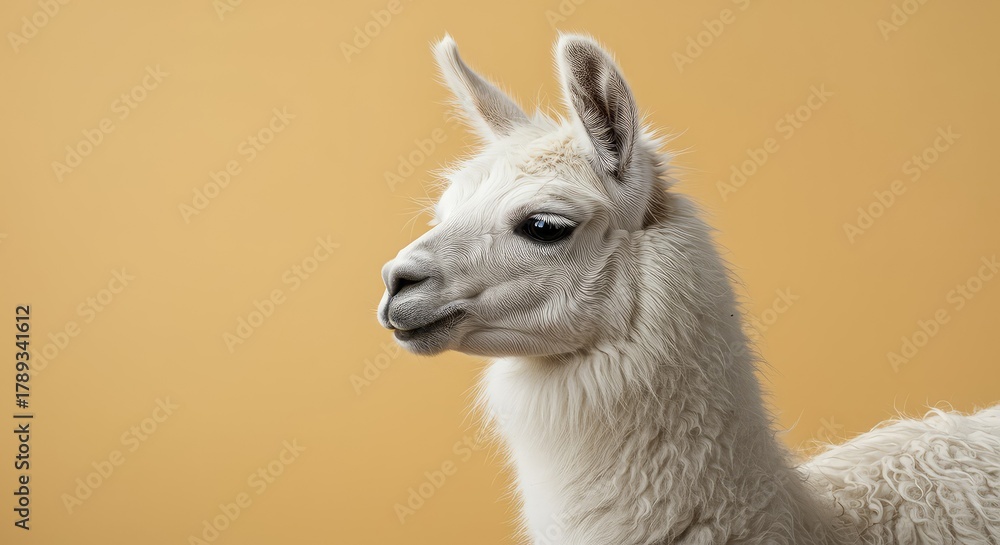 Obraz premium A peaceful, fluffy white llama stands against a bright background, showcasing the soft texture of its thick, luxurious wool ,portrait ,nature ,docile