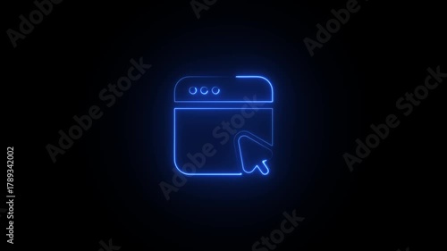Blue Neon Glowing Web Browser Icon with Cursor on Black Background Keywords: web browser, icon, cursor, pointer, click, navigation, internet, online, digital, technology, interface, website