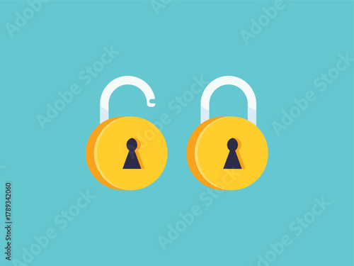 Open and closed round gold padlocks. Flat vector icons representing successful security and encrypted access
