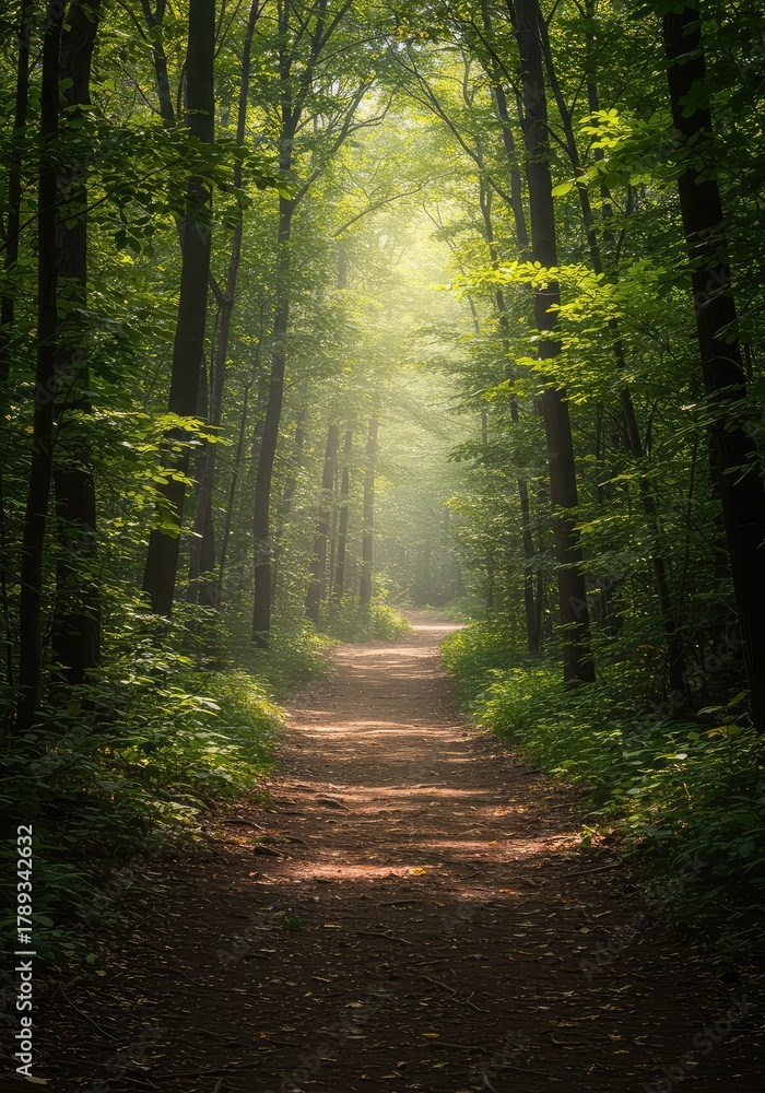 Fototapeta premium A winding forest path dappled with sunlight creates a beautiful, serene, and inviting scene for outdoor recreation and nature walks ,sunlight ,path ,scenic