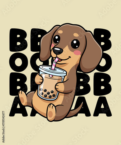 Cute Dachshund Drinking Boba Tea T-Shirt Design – Adorable Bubble Tea Dog Illustration, Funny Cartoon Puppy Graphic for Pet Lovers, Kawaii Animal Artwork, Sublimation Print