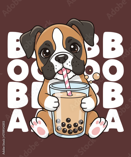 Cute Boxer Dog Drinking Boba Tea T-Shirt Design – Funny Bubble Tea Puppy Illustration, Adorable Cartoon Pet Graphic for Dog Lovers, Kawaii Animal Art, Sublimation Print