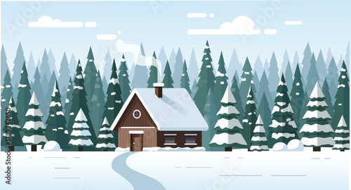 Flat Style Winter Cabin Scenery in Forest Landscape Illustration
