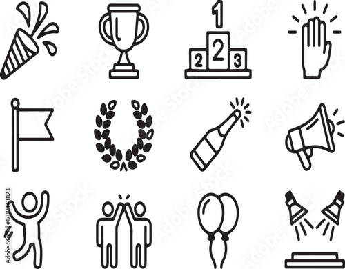 A comprehensive set of thin line icons depicting themes of celebration, victory, and achievement, including a trophy, podium, and confetti popper