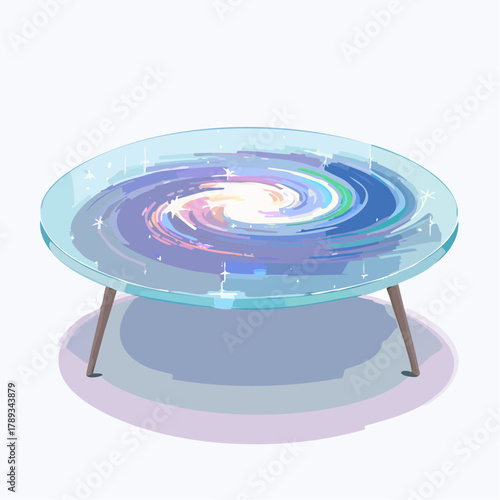 A whimsical illustration of a glass coffee table with a vibrant, swirling galaxy design embedded in its surface, featuring blue, purple, and pink hues.
