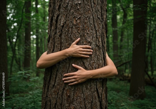 Arms wrapped around a giant textured tree trunk in a lush forest, symbolizing deep connection and environmental reverence and sustainability ,texture ,protection ,peace