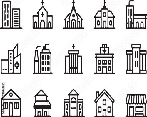 A versatile set of building line icons for various architectural structures. Collection features simple vector graphics of city, town, and public service buildings like hospitals and schools