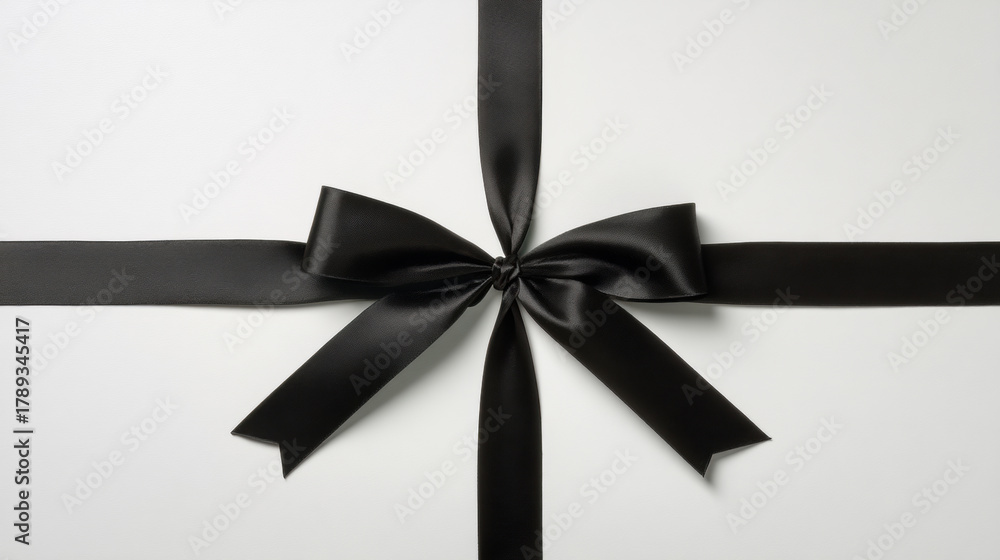 Fototapeta premium Ribbon Frame, An elegant minimalist composition where four black satin ribbons form a square frame, isolated on a clean white background. For a luxury advertising mockup, 