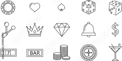 Casino outline icons collection with poker chips, dice, roulette wheel, bar sign, diamond, crown, bell, dollar, and martini glass.