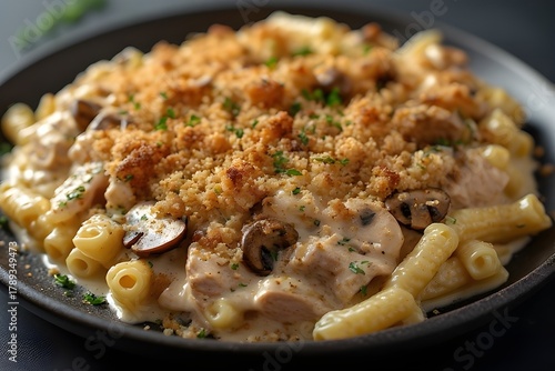 creamy turkey tetrazzini with mushrooms and bread crumb topping