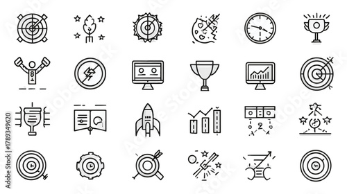 Business Success and Growth Line Icons Set. Startup, Strategy, Achievement, Target, Development Vector Symbols.