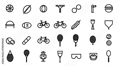 Sports and Recreation Outline Icons Set. Collection of Thin Line Vector Symbols for Athletic Activities, Games, and Leisure Hobbies.