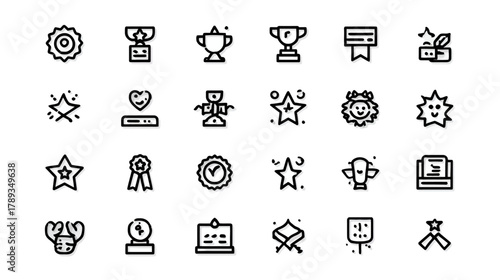 Achievement and Award Line Icons Set. Collection of success, victory, star, trophy, medal, and badge symbols for UI/UX.