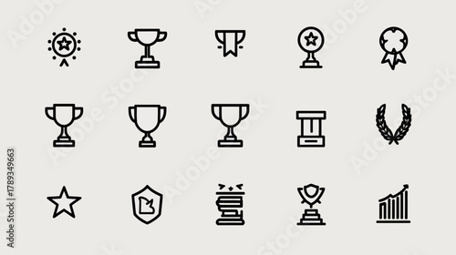 Achievement and Success Vector Line Icons Set with Trophies, Medals, Awards, Winner, and Recognition Symbols