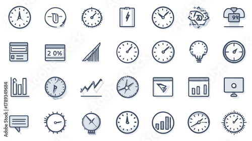 Time Management and Business Analytics Icons Set: Clocks, Graphs, Productivity, Technology, and UI Elements for Digital Projects