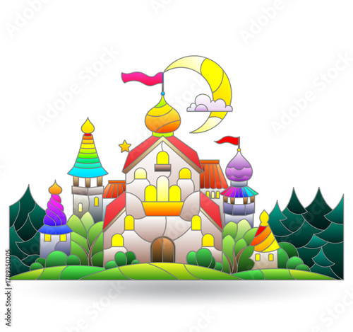 A set of stained glass illustrations with an ancient castle and landscape, isolated on a white background