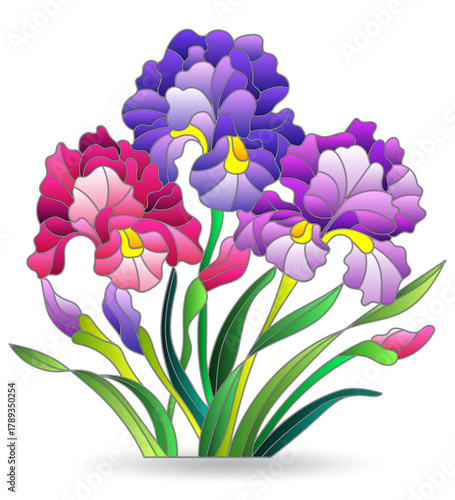 A set of illustrations in the style of stained glass with floral arrangements, bouquets of iris flowers isolated on a white background