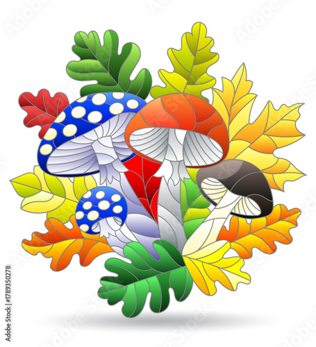 A set of stained glass illustrations with a mushroom composition, isolated on a white background