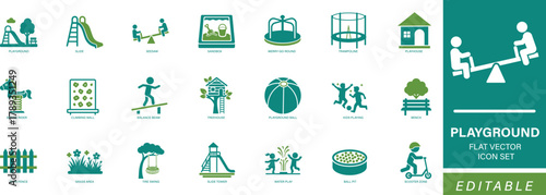 Playground icon set with slides, swings, seesaws, trampolines, and other outdoor play equipment. Perfect for kids, children, fun, recreation, and family activities. Editable vector icons 