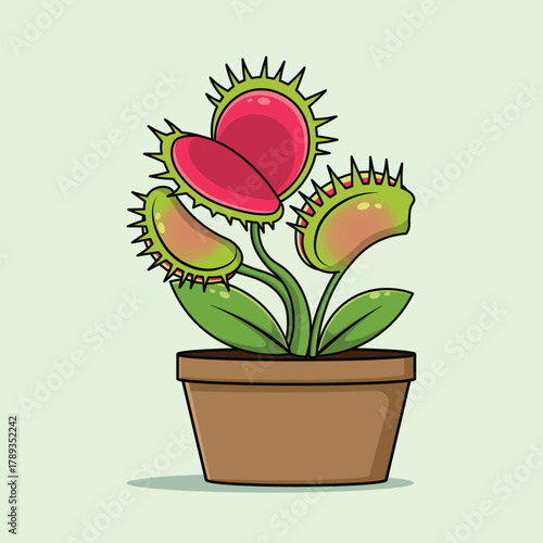 Illustration of a cute Venus flytrap plant with a pot on a green background