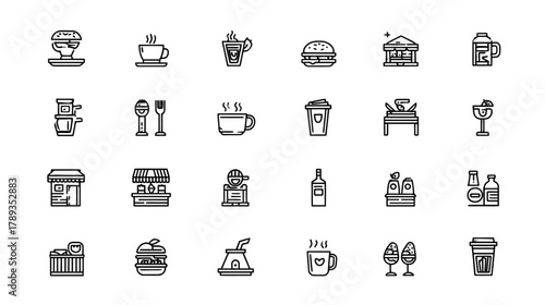 Outline Food and Drink Icons Collection. Vector Symbols for Restaurant, Cafe, Kitchen, Dining, and Beverage Menus Design.