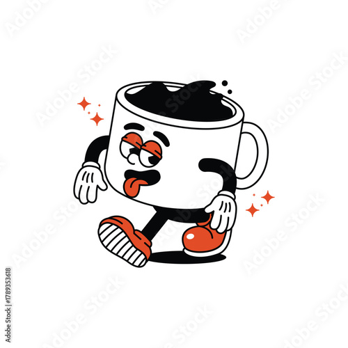 A cartoon coffee mug character with eyes closed, tongue sticking out, and arms and legs, looking exhausted while walking. Coffee Cup Retro Mascot Character. Illustration clip art.