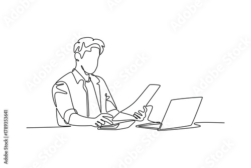 young man calculating taxes or planning budget. Budget planning concept. Single line draw design. Vector graphic illustration