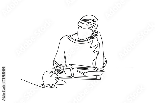 young woman with financial stress. making budget planning. Budget planning concept. Single line draw design. Vector graphic illustration