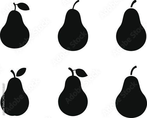 Minimalist Pear Fruit Silhouette with Leaf Vector Set