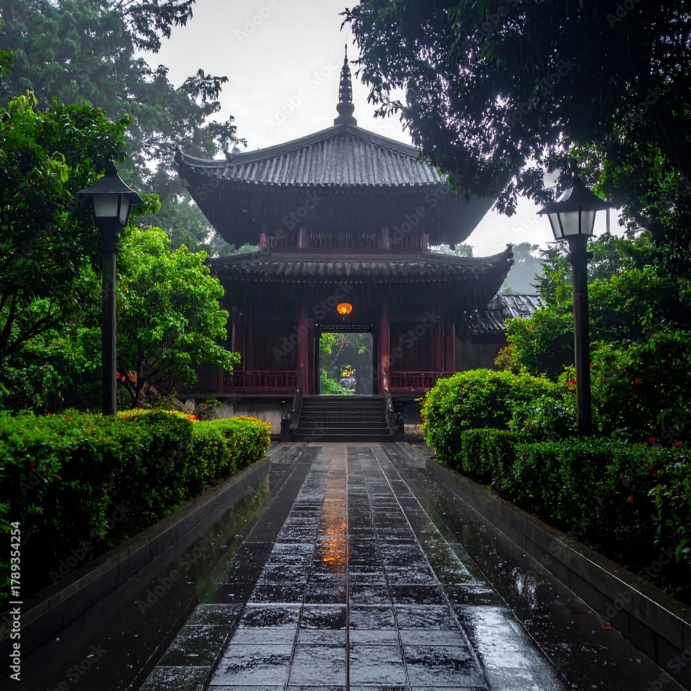 Fototapeta premium Asian temple pathway through lush greenery on a misty day
