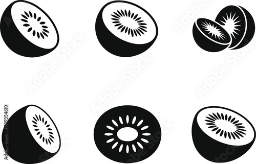 Set of Kiwi Fruit Slice Silhouette Icon - Minimalist Vector