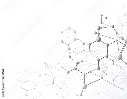 A complex molecular structure illustration. Grey spheres and lines depict connected atoms in a partially transparent, futuristic design
