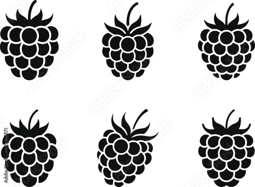 Set of six black raspberry silhouette icons and variations