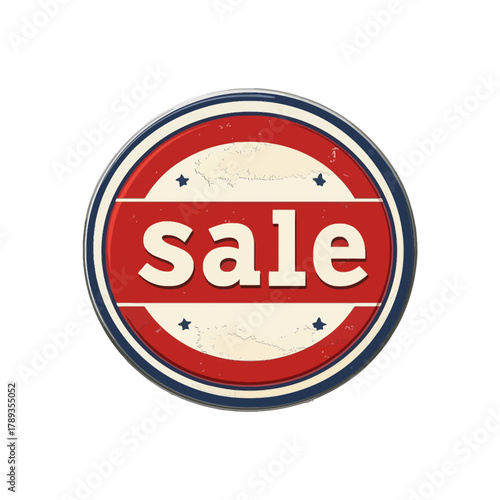 Round, distressed vintage "SALE" badge in red, white, and blue, resembling a stamp or seal. Ideal for blogs on retail, e-commerce, shopping, promotions, holidays (like July 4th), discount marketing