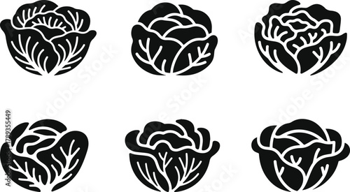 Set of six black cabbage head silhouette vector icons and variations