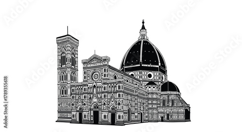 Detailed architectural drawing of the historic Florence Duomo, Cattedrale di Santa Maria del Fiore, and Giotto's Campanile.