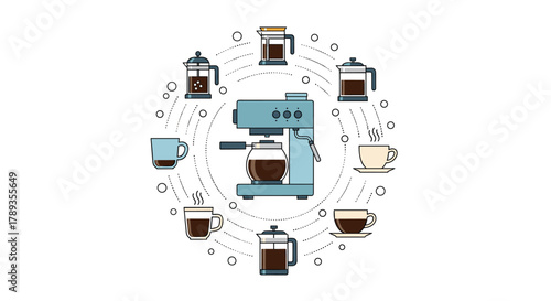 A colorful illustration of an espresso machine surrounded by different coffee makers and steaming cups, representing diverse coffee culture.