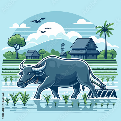 Illustration of a farmer with a buffalo carrying a plow in the rice field
